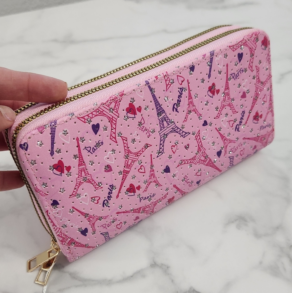 Pink Blush Kiss Glitter Paris Eiffel Tower Print Two Zipper Women's Wallet